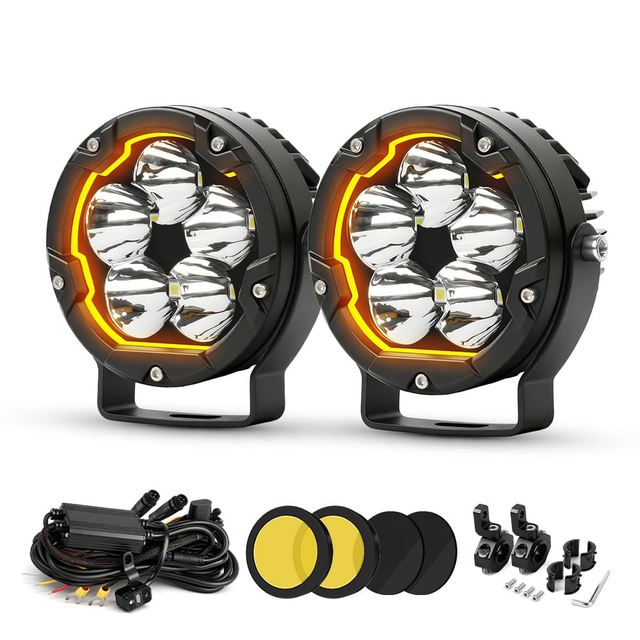 60W Round Motorbike LED Spotlights with Amber DRL D0519